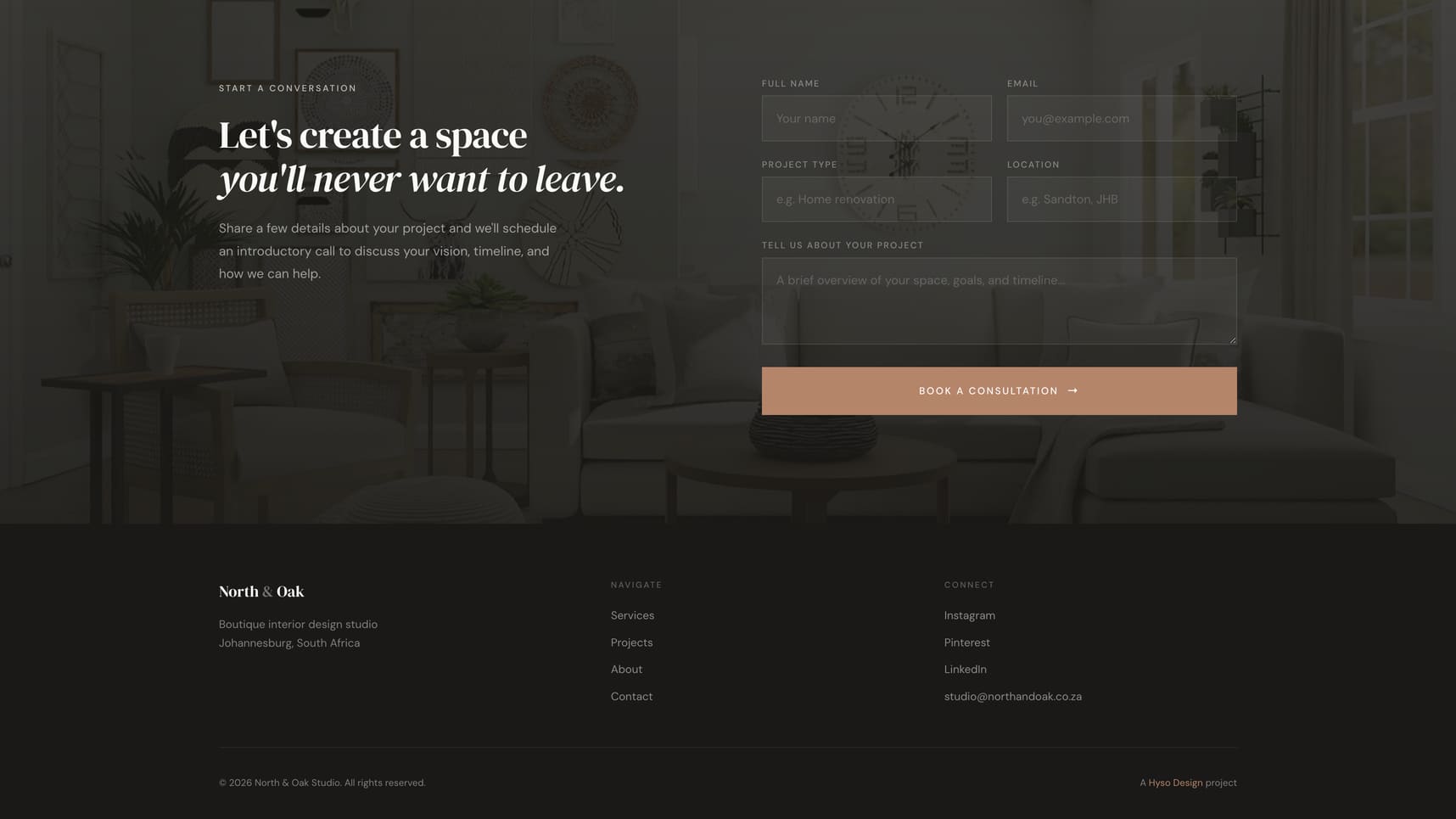 North & Oak — contact form and footer with warm CTA